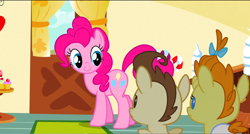 Size: 1360x730 | Tagged: safe, screencap, pinkie pie, pound cake, pumpkin cake, pony, baby cakes, cake twins, diaper, smiling, sugarcube corner