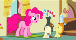 Size: 1360x730 | Tagged: safe, screencap, pinkie pie, pound cake, pumpkin cake, pony, baby cakes, cake twins, crying, diaper, floppy ears, sugarcube corner