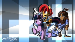 Size: 4800x2700 | Tagged: safe, artist:megahayzer, derpibooru import, twilight sparkle, absurd resolution, archie comics, avatar, avatar the last airbender, crossover, katara, riding, sally acorn, sega, sonic the hedgehog, sonic the hedgehog (series)