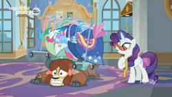 Size: 1674x941 | Tagged: safe, screencap, rarity, yona, pony, unicorn, yak, she's all yak, bow, clothes, cloven hooves, dress, duo, female, glasses, hair bow, mare, measuring tape, monkey swings