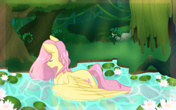 Size: 1280x800 | Tagged: safe, artist:twisted-sketch, fluttershy, duck pony, pegasus, pony, eyes closed, female, flutterduck, forest, mare, pond, profile, solo, spread wings, swimming, water, wings