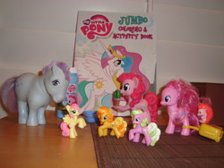 Size: 3072x2304 | Tagged: safe, artist:faerie-starv, blue belle, bumblesweet, daisy, flower wishes, fluttershy, pinkie pie, hedgehog, g1, activity book, blind bag, book, bubble blower, collection, coloring book, irl, photo, square crossover, suitcase, toy