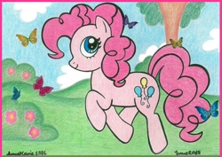 Size: 900x636 | Tagged: safe, artist:annemarie1986, pinkie pie, butterfly, earth pony, pony, solo, traditional art, tree