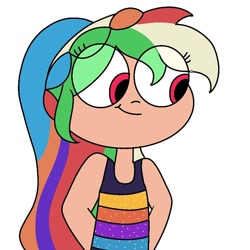 Size: 768x768 | Tagged: safe, alternate version, artist:purpleblossom.exe, derpibooru import, rainbow dash, human, arm behind back, clothes, eye clipping through hair, eyelashes, female, humanized, looking down, simple background, smiling, solo, white background