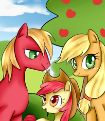 Size: 604x700 | Tagged: safe, artist:haruliina, apple bloom, applejack, big macintosh, earth pony, pony, applejack's hat, hat, male, missing accessory, stallion