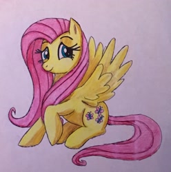 Size: 2212x2229 | Tagged: safe, artist:bozzerkazooers, fluttershy, pegasus, pony, cute, female, looking at you, mare, shyabetes, sitting, smiling, solo, spread wings, traditional art, wings