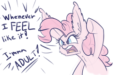 Size: 1280x800 | Tagged: safe, artist:heir-of-rick, pinkie pie, earth pony, pony, angry, cheek fluff, dialogue, ear fluff, impossibly large ears, open mouth, simple background, solo, underhoof, white background, yelling