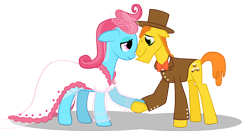 Size: 1372x748 | Tagged: safe, artist:anarchemitis, carrot cake, cup cake, clothes, dress, hat, holding hooves, simple background, suit, top hat, transparent background, vector, wedding, wedding dress, younger