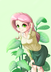 Size: 763x1080 | Tagged: safe, artist:the-park, fluttershy, human, clothes, cute, humanized, looking at you, shyabetes, side slit, simple background, skirt, skirt pull, solo, sweater, sweatershy, wrong eye color