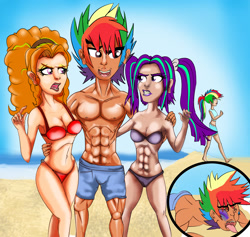 Size: 1644x1559 | Tagged: safe, artist:urhangrzerg, derpibooru import, adagio dazzle, aria blaze, rainbow blitz, rainbow dash, equestria girls, beach, bikini, bikini top, breasts, clothes, equestria guys, human coloration, muscles, rule 63, swimsuit