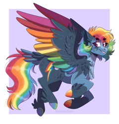 Size: 1024x1068 | Tagged: safe, artist:wanderingpegasus, derpibooru import, rainbow dash, pegasus, pony, cheek fluff, chest fluff, colored hooves, colored wings, multicolored wings, rainbow wings, redesign, tail feathers, wings