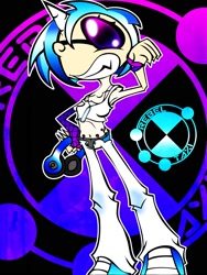 Size: 1280x1699 | Tagged: safe, artist:pan-pizza, dj pon-3, vinyl scratch, glowstick, grin, headphones, horned humanization, humanized, rebeltaxi, solo