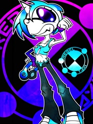 Size: 1280x1699 | Tagged: safe, artist:pan-pizza, dj pon-3, vinyl scratch, glowstick, grin, headphones, horned humanization, humanized, rebeltaxi, solo