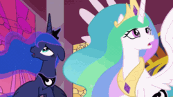 Size: 1408x790 | Tagged: safe, edit, edited screencap, editor:childofthenight, screencap, princess celestia, princess luna, alicorn, pony, a royal problem, animated, canterlot castle, confused, female, flying, gif, mare, reversed, royal sisters, shocked, sisters, throne room, wings