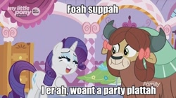 Size: 708x396 | Tagged: safe, edit, edited screencap, screencap, rarity, yona, pony, unicorn, yak, season 9, she's all yak, caption, clone high, image macro, meme, text