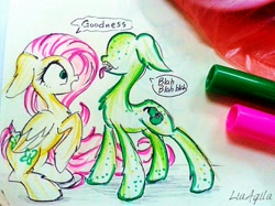 Size: 1280x959 | Tagged: safe, artist:liaaqila, fluttershy, pegasus, pony, biting pear of salamanca, duo, floppy ears, folded wings, looking at each other, open mouth, ponified, profile, speech bubble, traditional art