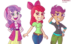 Size: 2124x1300 | Tagged: safe, artist:scobionicle99, apple bloom, scootaloo, sweetie belle, equestria girls, arm behind head, arms, belt, bow, breasts, bust, clothes, cutie mark crusaders, denim, eyelashes, female, fingers, grin, hair bow, hand, hand on hip, hands behind back, hands on head, hands on hip, happy, headband, hoodie, jeans, legs, long hair, open clothes, open mouth, open shirt, open smile, pants, preteen, puffy sleeves, shirt, short hair, shorts, skirt, smiling, standing, teeth, top, wristband, young, zipper