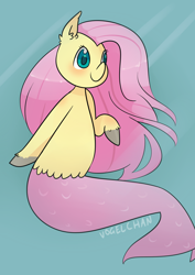 Size: 1280x1811 | Tagged: safe, artist:vogelchan, fluttershy, merpony, pegasus, pony, colored hooves, looking away, solo, underwater, watershy