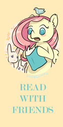 Size: 750x1500 | Tagged: safe, artist:vogelchan, fluttershy, bird, pegasus, pony, rabbit, book, hoof hold, open mouth, reading, solo