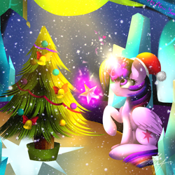 Size: 3000x3000 | Tagged: safe, artist:thelyuba1211, derpibooru import, twilight sparkle, twilight sparkle (alicorn), alicorn, pony, christmas, christmas tree, female, glowing horn, hat, holiday, horn, magic, mare, new year, santa hat, solo, telekinesis, tree, twilight's castle