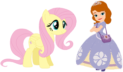 Size: 718x419 | Tagged: safe, artist:selenaede, artist:user15432, fluttershy, human, pegasus, pony, base used, crossover, disney, disney junior, disney princess, hasbro, hasbro studios, princess sofia, sofia the first