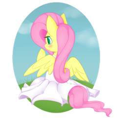 Size: 911x878 | Tagged: safe, artist:php54, fluttershy, pegasus, pony, clothes, dress, grass, looking away, outdoors, rear view, sitting, spread wings, white dress, wings