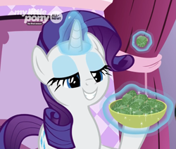 Size: 1263x1073 | Tagged: safe, screencap, rarity, pony, unicorn, she's all yak, brussel sprouts, carousel boutique, cropped, food, glowing horn, rarity looking at food, solo