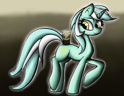 Size: 1151x900 | Tagged: safe, artist:redmanepony, lyra heartstrings, pony, unicorn, alcohol, alternate cutie mark, beer, drink, guinness, raised hoof, smiling, solo