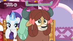 Size: 1366x768 | Tagged: safe, screencap, rarity, yona, pony, unicorn, she's all yak, boutique, discovery family logo, levitation, magic, measuring tape, telekinesis