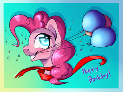 Size: 2048x1536 | Tagged: safe, artist:shkura2011, pinkie pie, earth pony, pony, balloon, bust, happy birthday, mouth hold, portrait, solo