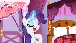 Size: 1366x768 | Tagged: safe, screencap, rarity, pony, unicorn, she's all yak, bed, blanket, boutique, door, faic, female, levitation, magic, mare, pillow, telekinesis, umbrella