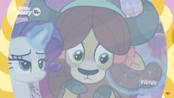 Size: 1366x768 | Tagged: safe, screencap, rarity, yona, pony, unicorn, yak, she's all yak, bow, braid, cloven hooves, duo, female, hair bow, levitation, magic, mare, mirror, monkey swings, telekinesis