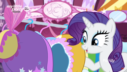 Size: 1366x768 | Tagged: safe, screencap, rarity, pony, unicorn, she's all yak, clothes, coat hangers, discovery family logo, dress