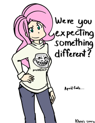 Size: 2550x3300 | Tagged: safe, artist:kprovido, fluttershy, human, april fools, clothes, humanized, shirt, simple background, smirk, solo, trollface, white background