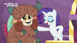 Size: 1366x768 | Tagged: safe, screencap, rarity, yona, pony, unicorn, yak, she's all yak, bipedal, bow, cloven hooves, curly hair, discovery family logo, duo, female, fit right in, hair bow, hairstyle, mare, monkey swings