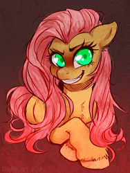 Size: 935x1246 | Tagged: safe, artist:aukki13, fluttershy, pegasus, pony, angry, chest fluff, crossed hooves, evil grin, female, green eyes, grin, head turn, looking at you, mare, prone, smiling, solo, unshorn fetlocks