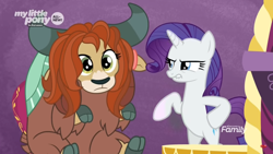 Size: 1366x768 | Tagged: safe, screencap, rarity, yona, pony, unicorn, yak, she's all yak, bipedal, bow, brown hair, cloven hooves, discovery family logo, duo, female, fit right in, hair bow, hairstyle, mare, monkey swings