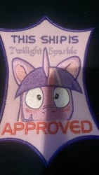 Size: 579x1024 | Tagged: safe, artist:pixel-prism, derpibooru import, twilight sparkle, approval, badge, blushing, irl, photo, reaction image, seal of approval, shipping