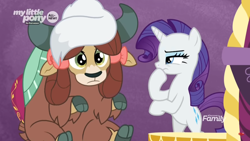 Size: 1366x768 | Tagged: safe, screencap, opalescence, rarity, yona, cat, pony, unicorn, yak, she's all yak, bipedal, bow, cloven hooves, discovery family logo, duo, female, hair bow, mare, monkey swings