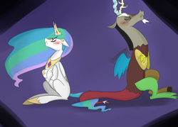 Size: 1400x1000 | Tagged: safe, artist:zouyugi, discord, princess celestia, alicorn, draconequus, pony, angry, crossed arms, dislestia, eyes closed, female, implied dislestia, implied shipping, implied straight, male, mare, shipping, straight, tail hold