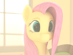 Size: 1440x1080 | Tagged: safe, artist:frederickwilson, fluttershy, pegasus, pony, 3d, bright, bust, female, indoors, mare, portrait, smiling, solo, three quarter view