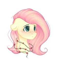 Size: 1353x1373 | Tagged: safe, artist:pechenakusha, fluttershy, pegasus, pony, blushing, bust, floppy ears, looking away, portrait, simple background, solo, thorns, white background