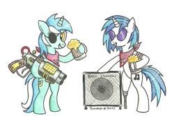 Size: 1700x1134 | Tagged: safe, artist:twinhead-b, dj pon-3, lyra heartstrings, vinyl scratch, pony, unicorn, amputee, bass cannon, cider, gun, peg leg, pirate, prosthetic leg, prosthetic limb, prosthetics, steampunk