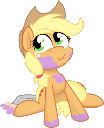 Size: 1453x1788 | Tagged: dead source, safe, artist:jittery-the-dragon, applejack, earth pony, pony, cute, food, jackabetes, liar face, liarjack, pie, simple background, sitting, solo, transparent background