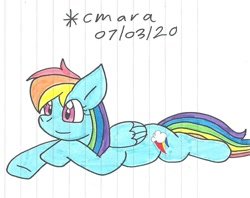 Size: 981x778 | Tagged: safe, artist:cmara, derpibooru import, rainbow dash, pegasus, pony, cute, dashabetes, female, happy, lying down, mare, solo, traditional art