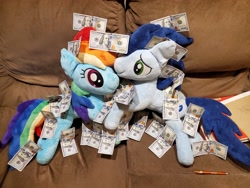 Size: 4032x3024 | Tagged: safe, derpibooru import, rainbow dash, soarin', female, irl, male, money, photo, plushie, rainbow dosh, shipping, soarindash, straight