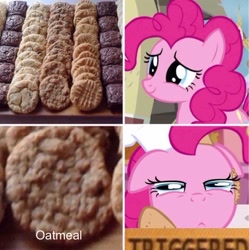 Size: 479x480 | Tagged: safe, pinkie pie, earth pony, pony, :<, chef's hat, cookie, female, floppy ears, food, glare, hat, mare, meme, oatmeal, oatmeal are you crazy, oats, obligatory pony, smiling, solo, stock image, text, triggered