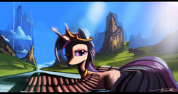 Size: 1280x678 | Tagged: safe, artist:auroriia, derpibooru import, twilight sparkle, twilight sparkle (alicorn), alicorn, pony, canterlot, female, mare, river, solo, water