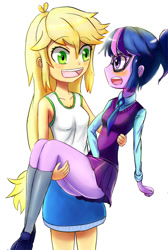 Size: 671x1000 | Tagged: safe, artist:jumboz95, applejack, sci-twi, twilight sparkle, equestria girls, blushing, bridal carry, clothes, denim skirt, female, lesbian, pleated skirt, schrödinger's pantsu, scitwijack, shipping, simple background, skirt, skirt lift, thighs, twijack, upskirt