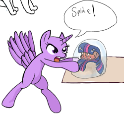 Size: 393x365 | Tagged: safe, artist:woox, derpibooru import, twilight sparkle, twilight sparkle (alicorn), alicorn, pony, bald, bipedal, female, flockmod, glass case, mane monster, mare, solo, wat, wtf